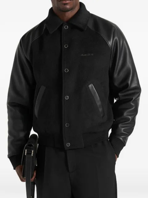 Manière De Voir Olivier in black wool & leather raglan varsity jacket