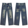 Vale Forever Dark Blue Distressed Air Force Graphic Wide Leg Jeans